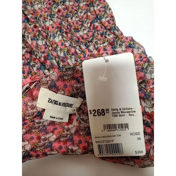 Zadig & Voltaire Javal Mousseline TDM Skirt Rose 36/SM Sugar Skulls Print NWT - Picture 12 of 15